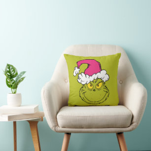 Coussin Grinch avec chapeau de Père Noël rose