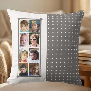 coussin gris à pois et collage de 16 photos