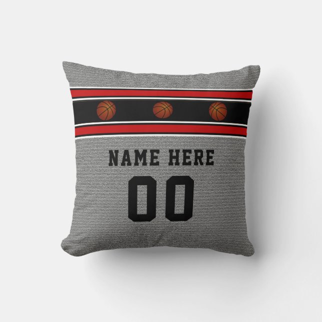 Coussin gris de basket-ball avec son nom et nombre (Recto)