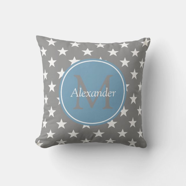 Coussin Gris de colombe et monogramme d'étoiles bleues de (Recto)