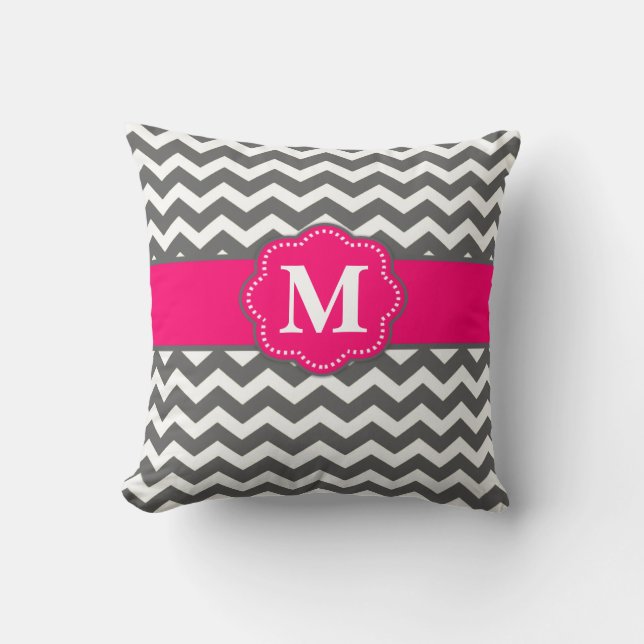 Coussin gris de monogramme de Chevron de roses (Recto)