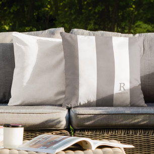 Coussin Gris et blanc Rayures Monogramme Nom extérieur