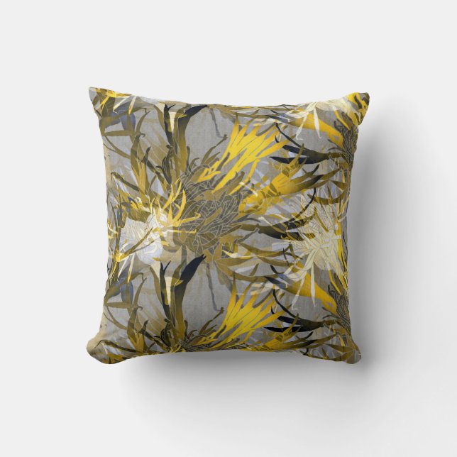 Coussin Gris et Jaune Artistique Abstrait Floral (Recto)