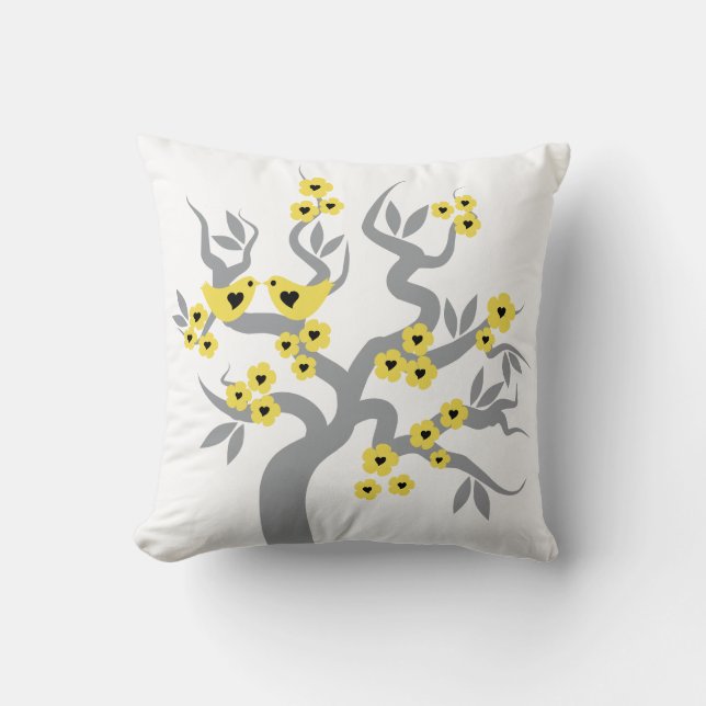Coussin Gris, fleurs de cerisiers jaunes et inséparables (Recto)