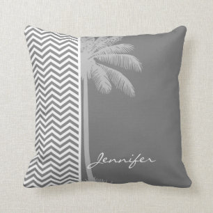 Coussin Gris Gris Chevron Stripes; Palmier Tropical