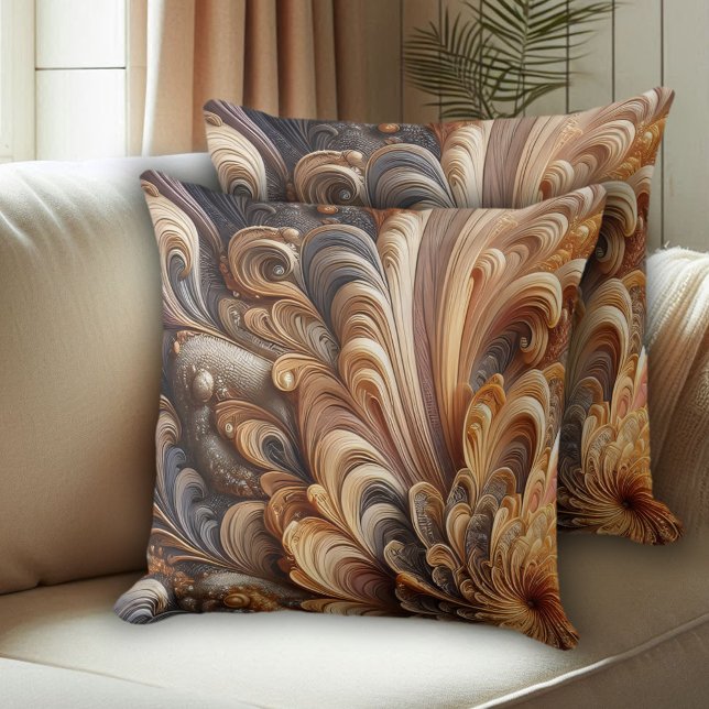 Coussin Gris & Tan Sculpté Floral & Motif de plume (Grey and Tan Sculpted Floral and Feathered Patterned Throw Pillow Cover Photo 1)