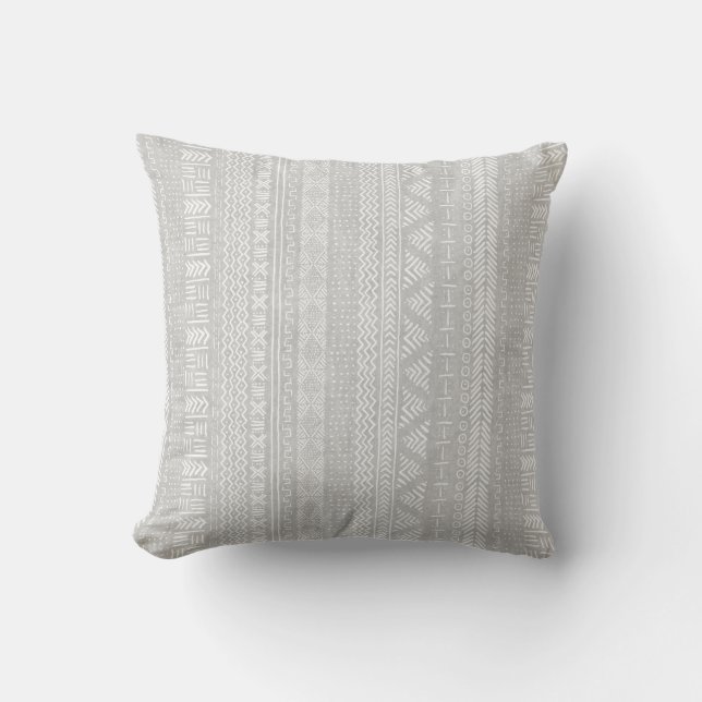 Coussin Gris tribal de rayure géométrique de tissu de boue (Recto)