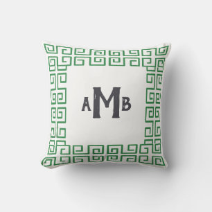 Coussin Gris Vert Chinoiserie Grèce Key Bordure Monogramme