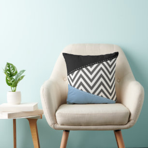 Coussin Gris Zigzag, Gris Chevron, Motif Zigzag, Bleu