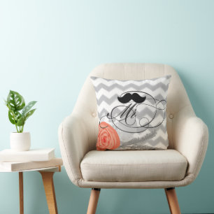 Coussin Groom Mustache M. Coral Grey Zig Zag Floral