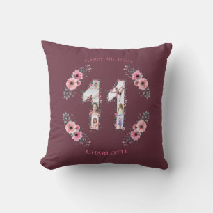 Coussin Gros 11e anniversaire fille photo Collage Fleur ro