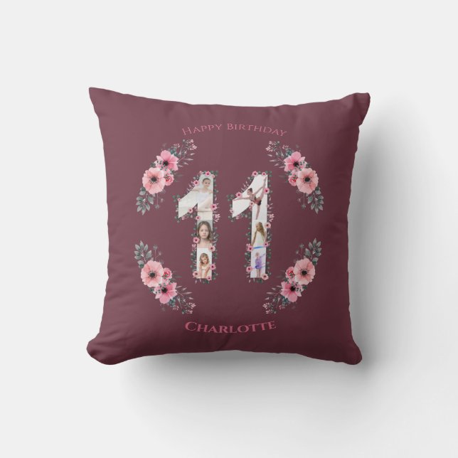 Coussin Gros 11e anniversaire fille photo Collage Fleur ro (Recto)