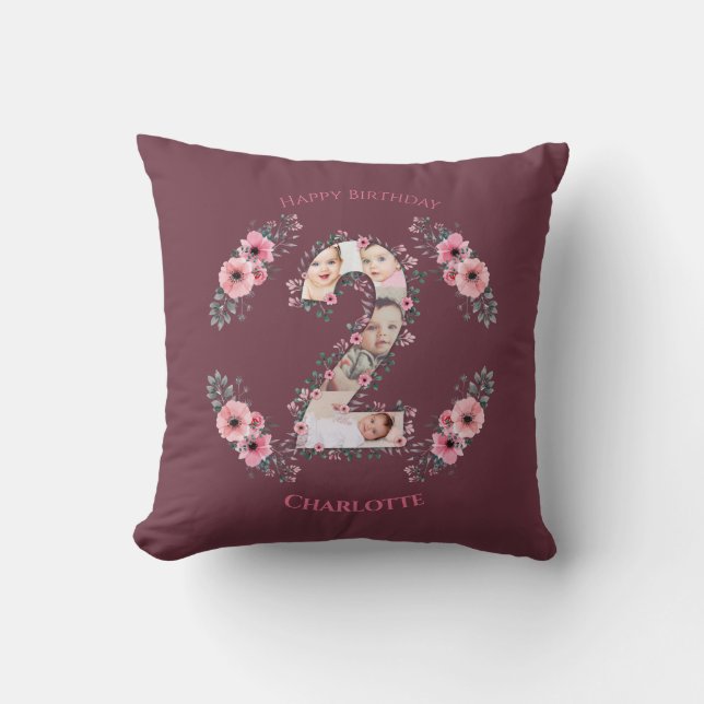 Coussin Gros 2e anniversaire fille photo Collage Fleur ros (Recto)