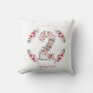 Coussin Gros 2e anniversaire fille photo Collage Fleur ros