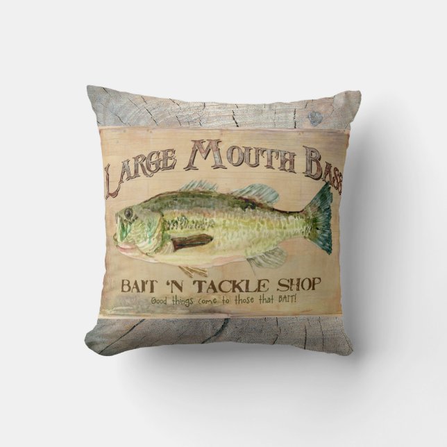 Coussin Gros achigan À Bouche Lakeside Pêche Cabine Bois (Recto)