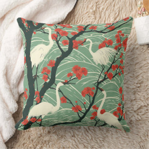 Coussin Grue Japonaise et Fleur de Cerisier - Art Oriental