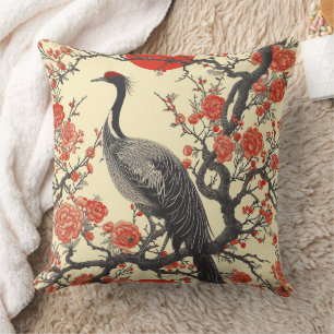 Coussin Grue oriental et pivoine - Art asiatique tradition