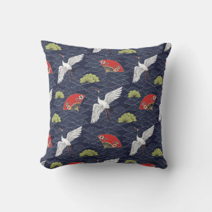Coussin Grues et ventilateurs japonais : Motif Vintage