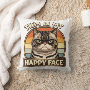 Coussin Grumpy Cat "C'est Mon Visage Heureux" Drôle Rétro