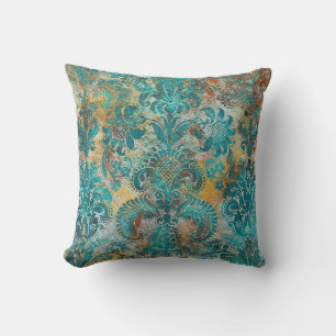 Coussin Grunge Damassé Aqua Viridian Moutarde Terracotta