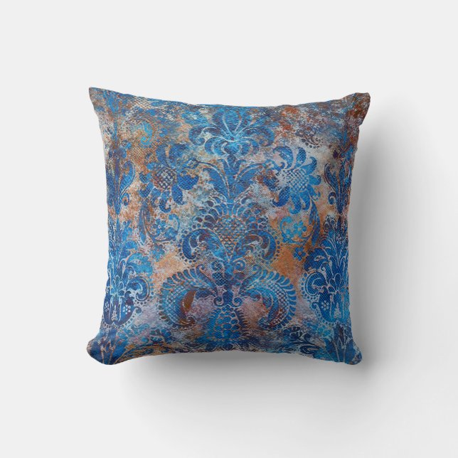 Coussin Grunge Damassé Bleu Cobalt Rouille Orange (Recto)