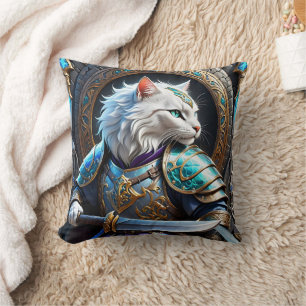 Coussin Guerrier de chat enchanté en armure décorative
