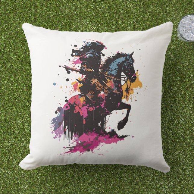 Coussin Guerrier équitation cheval en aquarelle (Herbe)