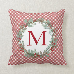 Coussin Guingan rustique de rouge d'initiale de Noël de