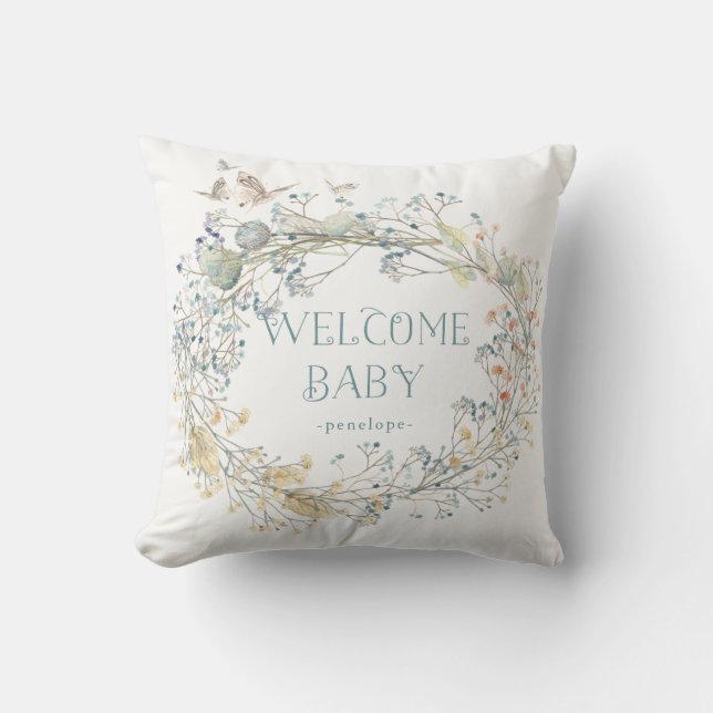 Coussin Guirlande de fleur sauvage avec le bébé bienvenu (Recto)