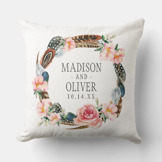 Coussin Guirlande florale d'aquarelle avec des plumes | (Recto)