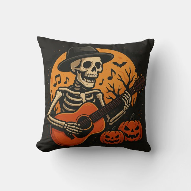 Coussin Guitar-Playing Skull Halloween Throw Pillow (Recto)