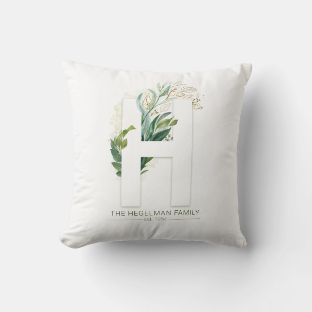Coussin H Monogramme Élégant Gold Green Nom de famille (Recto)