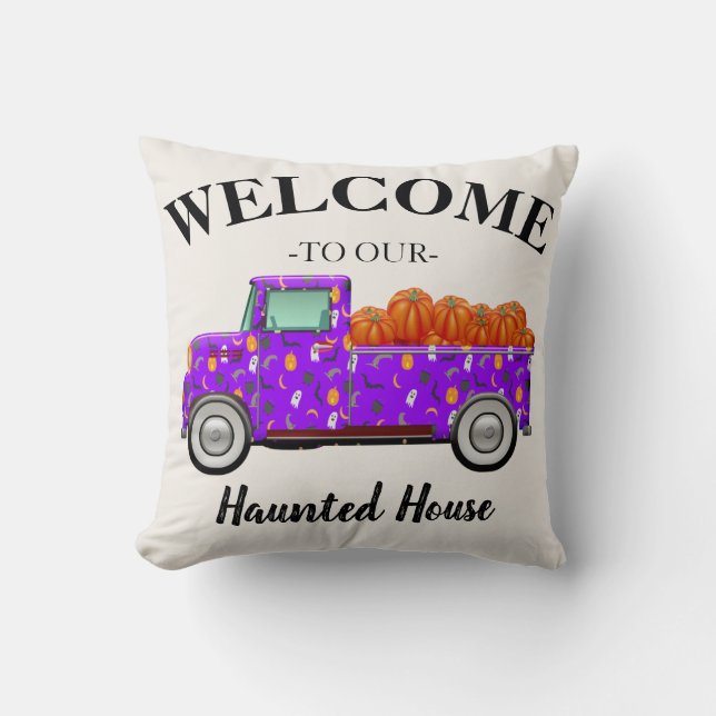 Coussin Halloween Bienvenue dans notre maison hantée (Recto)