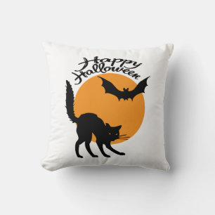 Coussin Halloween chat noir et chauve-souris avec lune, ha