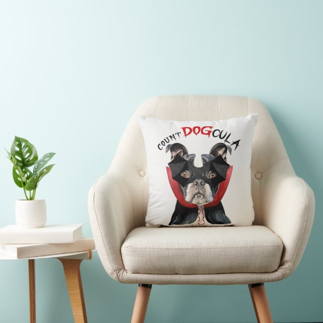 Coussin Halloween comte DOGcula Boston Terrier Chien (Chaise)