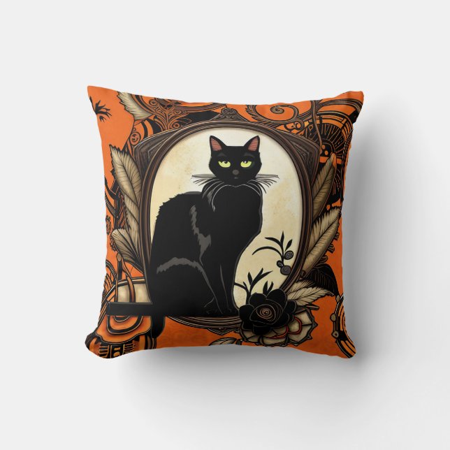 Coussin Halloween en chat noir vapeur (Recto)
