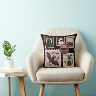 Coussin Halloween en rose timbres Postal Chat Citrouille c