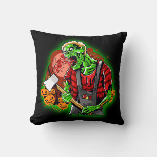 Coussin Halloween Funny Green Zombie Ax sur