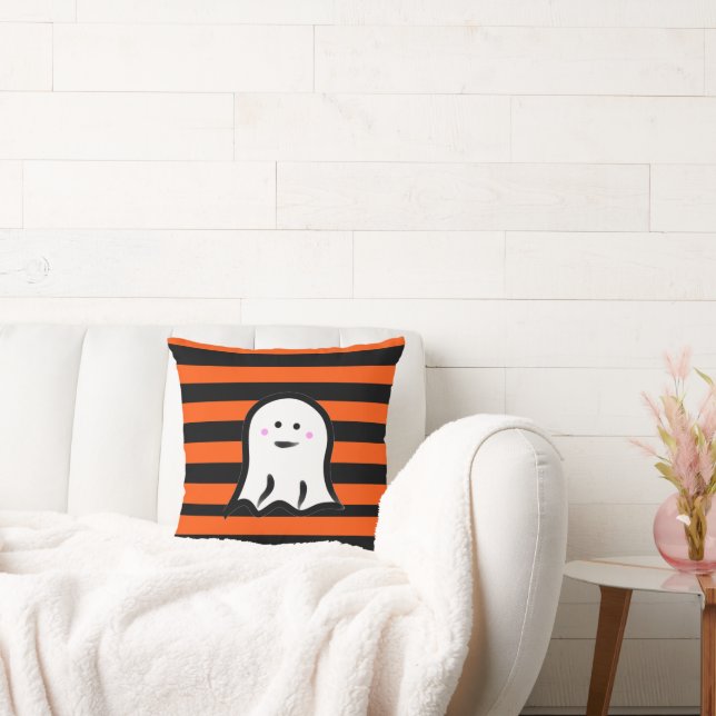 Coussin Halloween Ghost on Black and Orange Stripes  (Canapé)