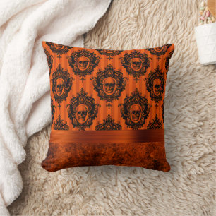 Coussin Halloween gothique chic Crânes orange et noirs