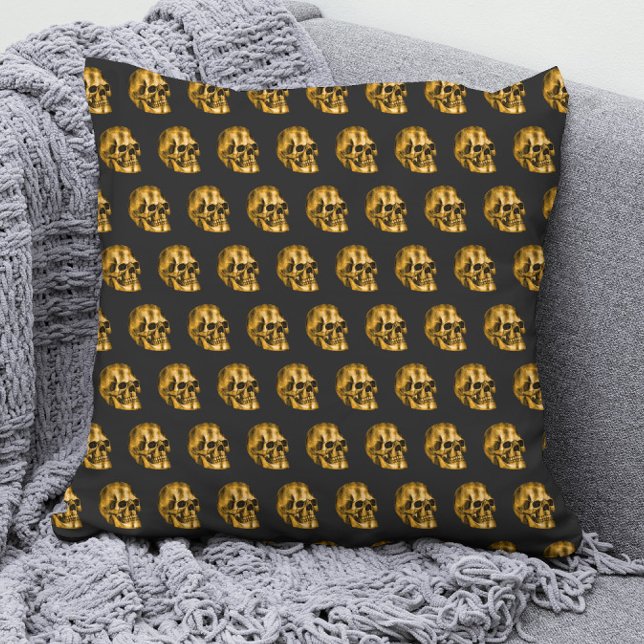 Coussin Halloween gothique noir Cool de luxe crâne d'or (Créateur téléchargé)