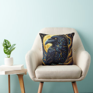 Coussin Halloween gothique vintage Grand Corbeau noir