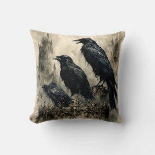 Coussin Halloween gothique vintage Grand Corbeau noir