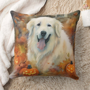 Coussin Halloween Great Pyrenees avec citrouilles épouvant
