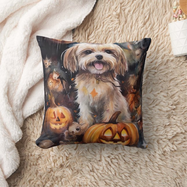 Coussin Halloween Lhassa Apso Avec Peur Citrouille (Couverture)