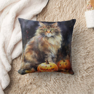 Coussin Halloween Maine Coon Chat Avec Crainte Citrouille