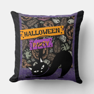 Coussin Halloween Party and Black Cat , Throw Pillow