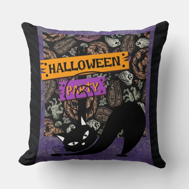 Coussin Halloween Party and Black Cat , Throw Pillow (Recto)