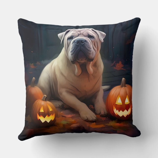 Coussin Halloween Shar Pei Avec La Peur Citrouille (Verso)