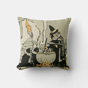 Coussin Halloween vintage, sorcière avec chaudron et chats